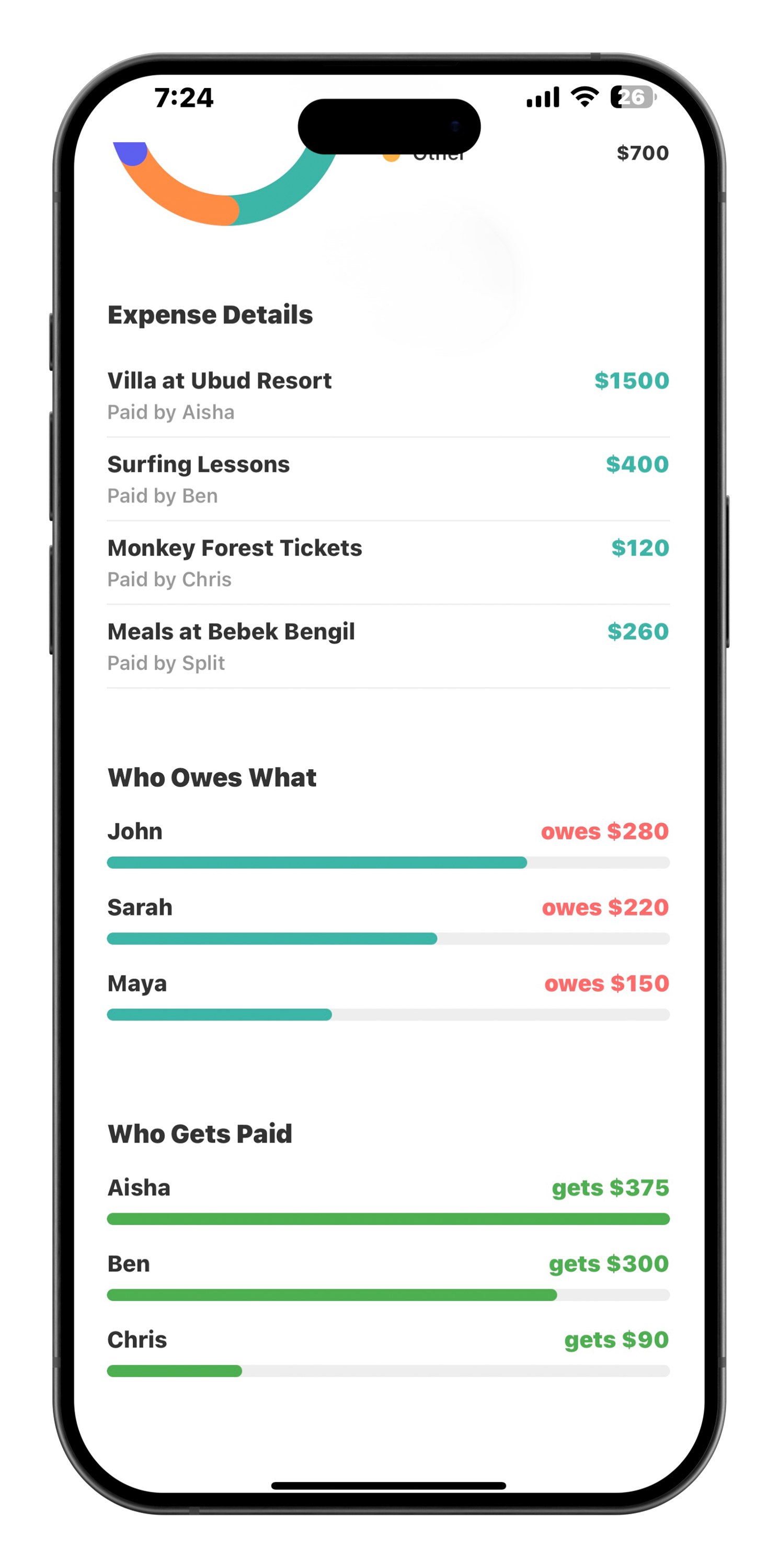 Bali trip expense details continued with who owes what section and who gets paid breakdown showing final settlement amounts